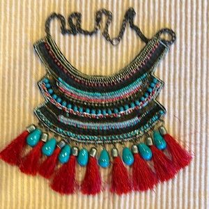 Tribal Bib Necklace with Faux Turquoise Beads